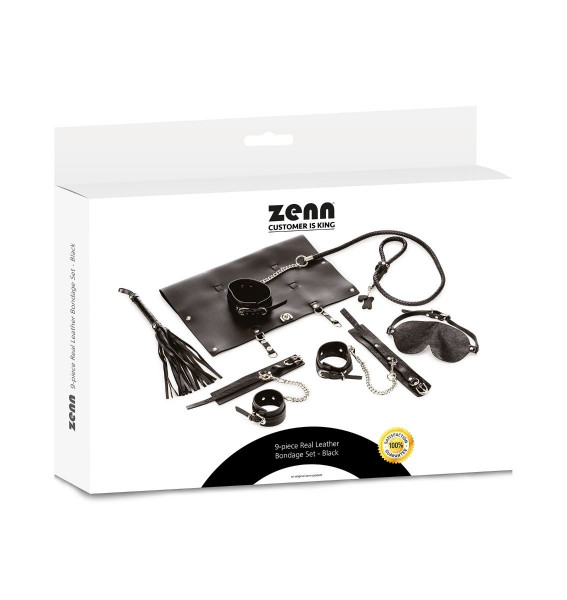 Zenn 9-piece Real Leather Bondage Set - Black
