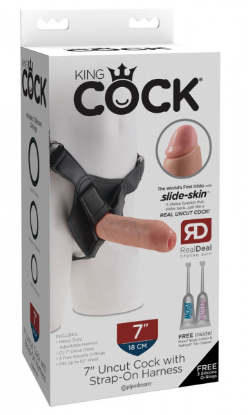 King Cock 7&quot; Uncut Cock with Strap-On Harness