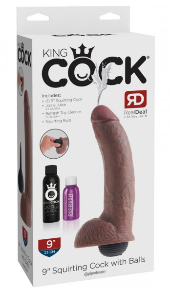King Cock 9&quot; Squirting Cock with Balls brown