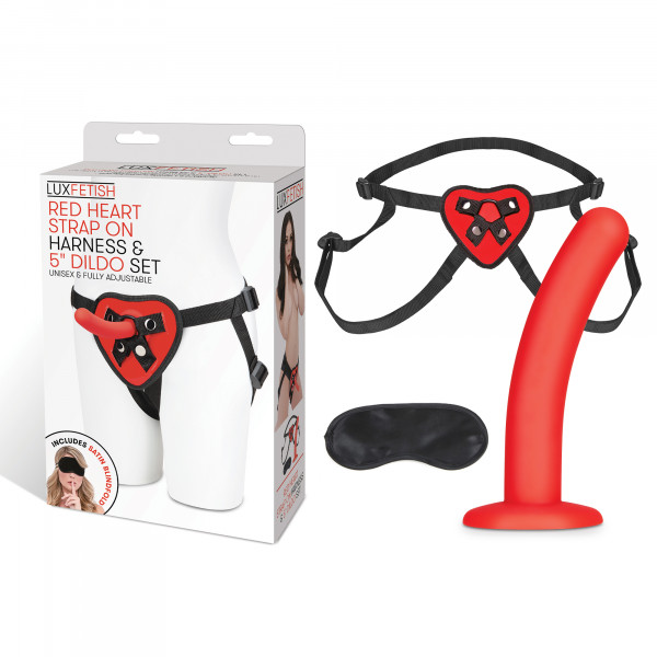 Lux Fetish Red Heart Strap on Harness &amp; 5&quot; Dildo Set